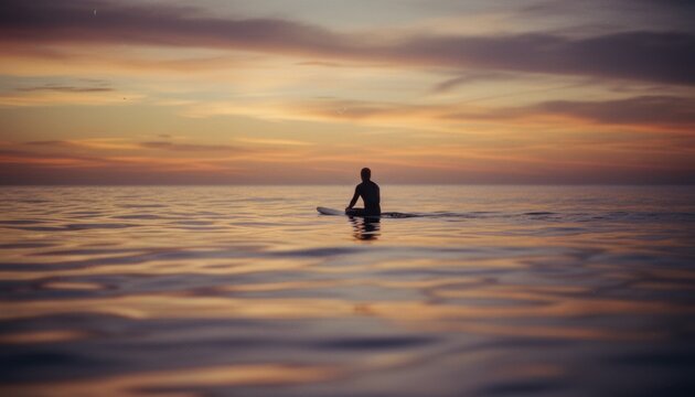 A lone surfer sits on calm ocean water at sunset to capture themes of reflection and freedom. The warm horizon represents travel and quiet evening moments