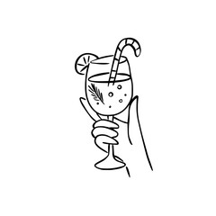 Hand holding Christmas cocktail line art illustration