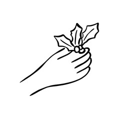 Hand Holding Christmas Holly Line Art