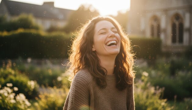 A joyful moment with laughing woman in warm sunlight. Natural happiness outdoors. Concept of emotional wellbeing and value of authentic daily joy