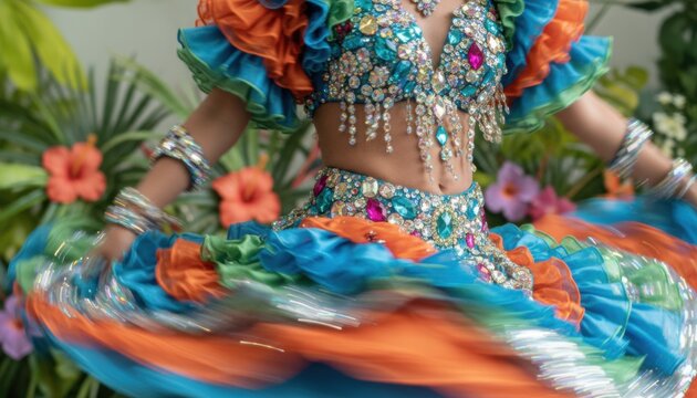 A dancer in ornate costume spins with vivid movement suggesting celebration cultural pride and festival spirit ideal for holiday themes or global dance event promotion