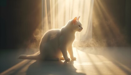 A serene white cat bathed in golden sunbeams through curtains