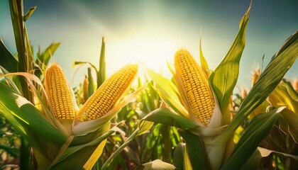 sunlight shines on golden corn cobs in a lush green cornfield at harvest time creating warmth