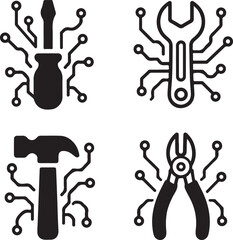 Isolated Tools Circuit Icons black vector set, tech tools icons, repair maintenance symbols, minimal outline filled thin stroke, digital circuit connections, smart chip design vector