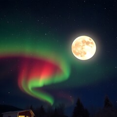 Vibrant Aurora Borealis lights up night sky with bright moon.