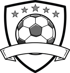 Soccer emblem logo design, football shield badge with ball, stars, ribbon banner, sports team identity vector illustration, flat graphic style