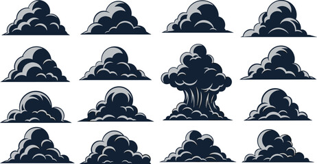 Smoke cloud illustration, cartoon explosion artwork, atmospheric vector design, dramatic mushroom cloud drawing, dynamic shading artwork, weather effect cartoon collection