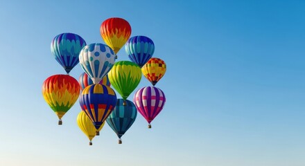 Fototapeta premium Vibrant Hot Air Balloons Ascending Against Clear Blue Sky, Travel, Adventure, Clear sky