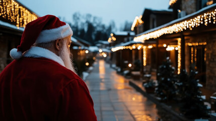 A classic Santa figure is depicted admiring glowing lights along a charming winter street, evoking feelings of nostalgia and holiday cheer in the air.
