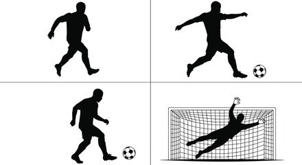 Soccer penalty kick silhouette sequence, football player running, striking ball, goalkeeper diving save attempt, sports action vector illustration, dynamic flat design