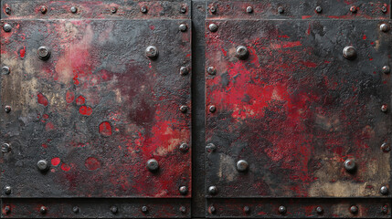 Weathered steel doors with rivets and stains, exuding industrial strength and timeless endurance. The red stains add a touch of abstract art. 