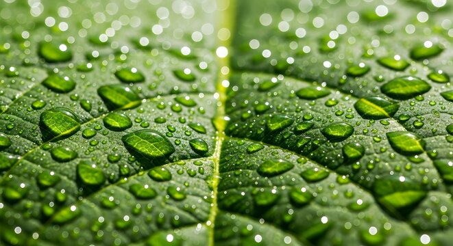 Green leaf macro closeup with fresh nature dew drops and raindrops - Powered by Adobe