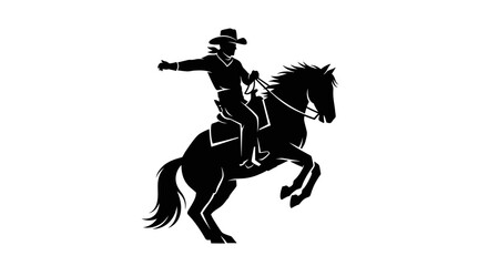 Black silhouette of a cowboy riding a rearing horse on a white background.