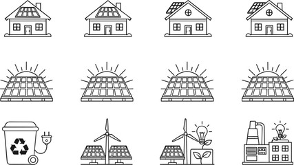 Solar energy icon set, eco friendly renewable power illustration, sustainable technology vector drawing, green energy design for environment projects
