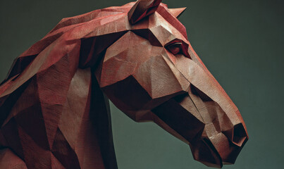 Geometric horse head sculpture in shades of red, modern, angular form art.
