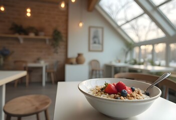 Healthy Breakfast Bowl with Berries in a Bright Cafe