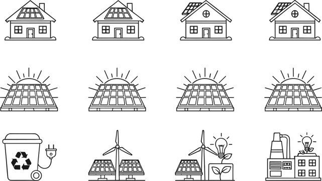 Solar energy icon set, eco friendly renewable power illustration, sustainable technology vector drawing, green energy design for environment projects