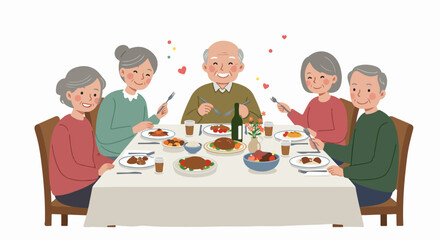 Happy senior group enjoying a delicious meal together at a festive dinner table, sharing moments of joy, family, and friendship.