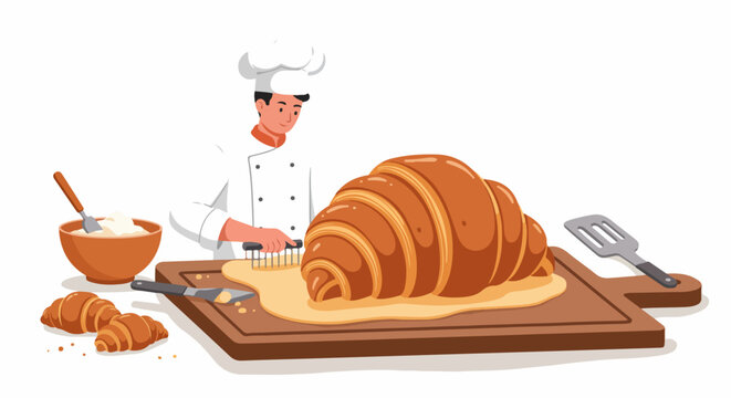 Skilled chef preparing a magnificent giant croissant on a cutting board, surrounded by smaller pastries and cream, illustrating artisan baking and culinary expertise.