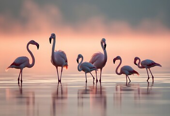 Graceful pink flamingos wading in serene water at dawn's light.