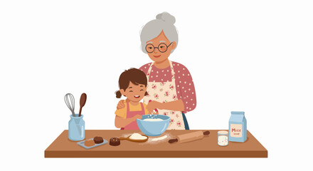 Happy grandmother and granddaughter baking together, mixing ingredients on a kitchen table. Intergenerational bond in domestic cooking activity.