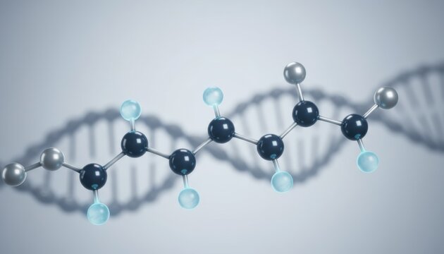 A stylized molecular chain set against soft dna shapes suggests idea of advanced genetic study in global science communication. Biotech research awareness
