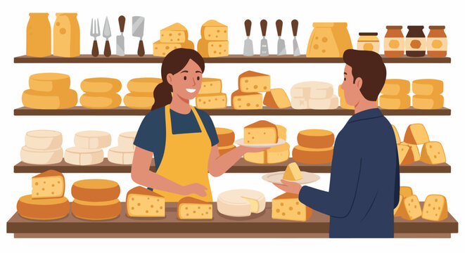 Smiling vendor assists customer with cheese selection at a well-stocked deli, showcasing a wide array of gourmet dairy products and a pleasant shopping experience.