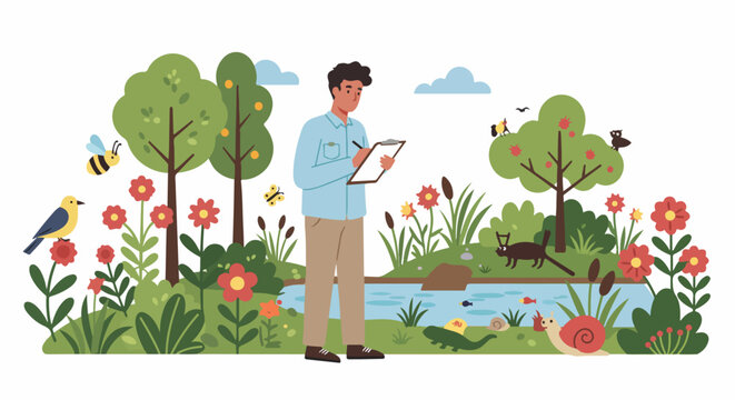 Ecologist studying a vibrant ecosystem with diverse wildlife and plants by a pond. Environmental research and biodiversity conservation illustration.