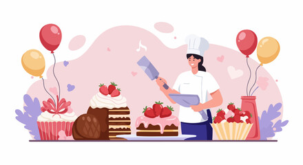 Smiling female baker showcasing delicious strawberry-topped cakes and cupcakes, celebrating the art of pastry making with festive balloons and sweet treats.
