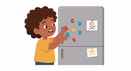 Joyful young boy playing with colorful magnetic alphabet letters on a refrigerator, engaging in early learning and creative fun at home.