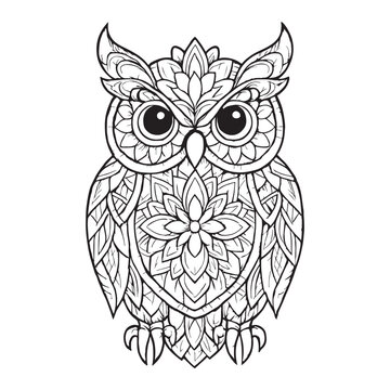 Stylized owl illustration featuring intricate mandala patterns and zentangle designs, perfect for adult coloring books or decorative graphic art projects, showcasing detailed feathered motifs
