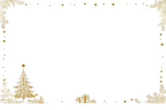 Golden Christmas Tree with Presents and Stars Border for Holiday Greeting Cards and Festive Decor