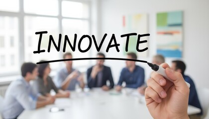 A hand writes innovate across glass during a business meeting to express new idea generation. teamwork creativity and modern corporate progress