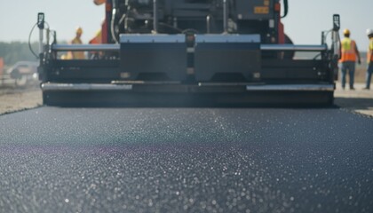 Fresh asphalt is laid by a road machine under clear daylight to show infrastructure expansion. Public works progress and modern transport development
