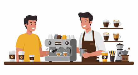 Happy customer interacting with a barista at a modern coffee shop, enjoying the process of preparing delicious coffee and espresso beverages in a vibrant, friendly cafe environment.