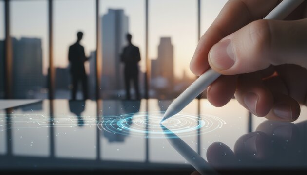 A digital pen interacts with a glowing interface in a high rise office to symbolize future tech. Innovation process and advanced workplace evolution