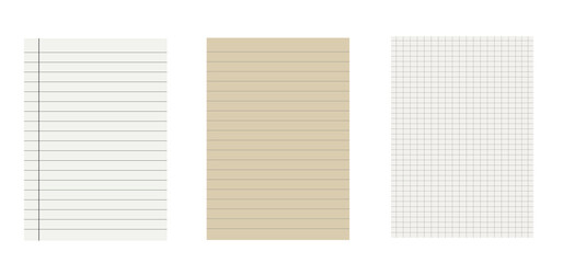 Lined and grid paper set. Notebook ruled paper, beige note page, graph sheet template.