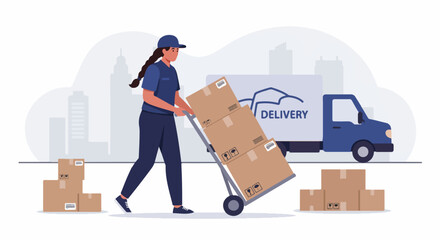 Female delivery worker transports packages on a hand truck next to a delivery van in a modern cityscape, representing efficient logistics and courier service.