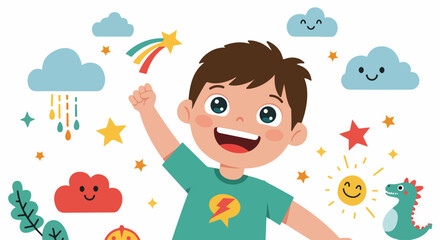 Happy cartoon boy smiling amidst whimsical clouds, stars, sun, dinosaur, and nature elements, celebrating imagination and childhood joy in a vibrant, playful illustration.