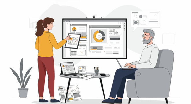 Business professionals collaborating on data analysis and digital design with interactive screens and multiple devices in a modern office.