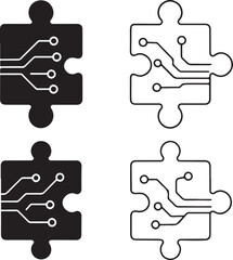 Isolated Puzzle Piece Circuit Icon Set, solid black puzzle icon, tech solution fit symbol, clean circuit lines, minimal outline filled thin stroke vector design, smart match icon buyers