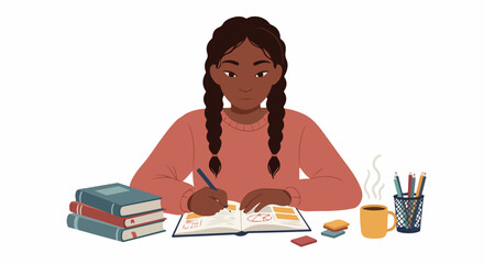 Focused Young Black Woman Studying at Desk, Writing in Notebook with Books, Coffee, and Pencils. Education, Remote Work, and Productivity Concept.