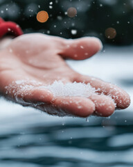 Fototapeta premium Santa's outstretched hand holds glistening snowflakes, symbolizing the joy and beauty of the winter season, inviting everybody to experience the magic of the holidays.