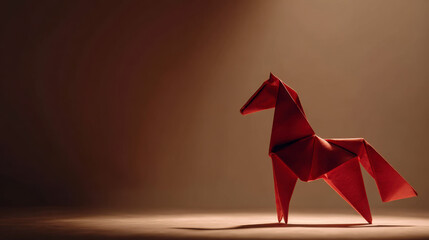A captivating origami horse under a warm light, simple design with soft tones