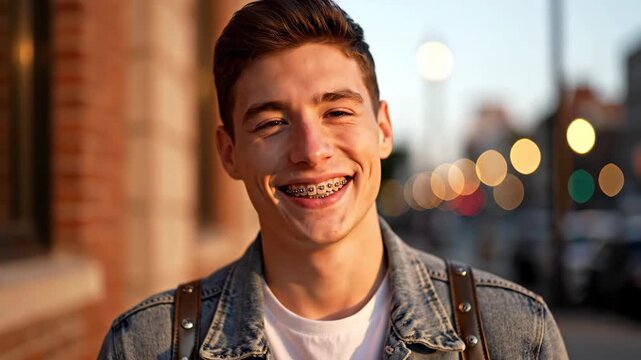 happy young caucasian man with braces smiling on city street at sunset. confident student in denim jacket with backpack. youth, orthodontics, and dental care concept.