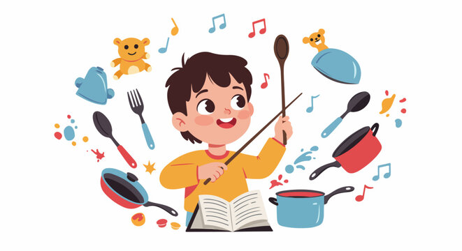 Happy child chef stirring ingredients with a spoon and stick, surrounded by kitchen utensils, food, and musical notes, exploring culinary imagination with a recipe book.