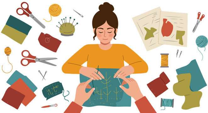 Woman hand-sewing or embroidering, surrounded by colorful fabric, thread, scissors, and tools, depicting a creative and mindful crafting hobby.