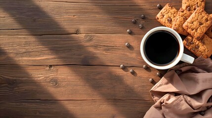 Coffee cup with chocolate chip cookies on wooden table