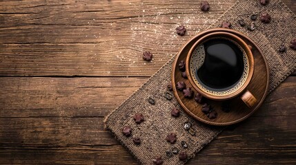 Coffee Cup with Chocolate Chip Cookies on Rustic Wooden Table