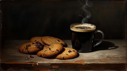 A top-view image of a cup of black coffee surrounded by chocolate chip cookies on a rustic wooden table. Cozy warm tones and ample copy space make it ideal for food, café, breakfast, and lifestyle the
